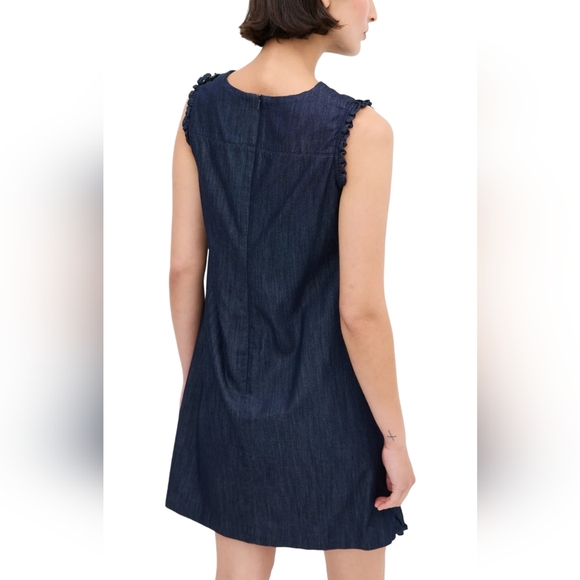 S Max Mara Denim Sleeveless Shift Dress Size US 6 Cotton Ruffle Hem Pockets - Picture 3 of 13